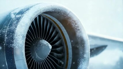 Jet engine covered in frost shows the impact of winter weather during a cold morning at the airport - Powered by Adobe