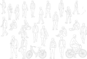 Line Drawing of People in Various Poses and Activities on White Background