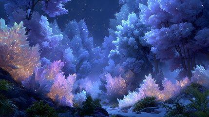 Ethereal Crystal Forest Under Dreamlike Moonlight