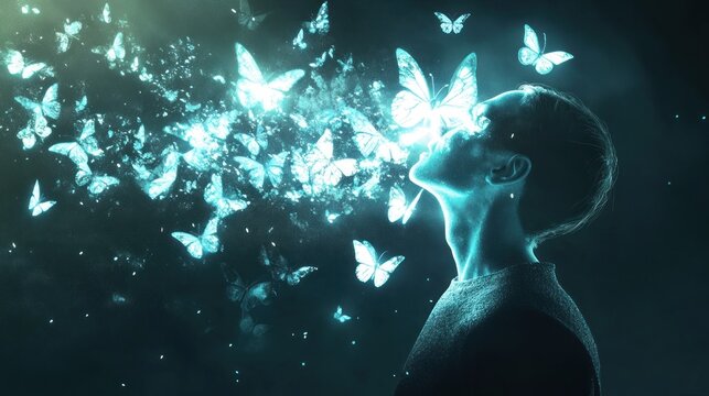 Person exhales glowing butterflies