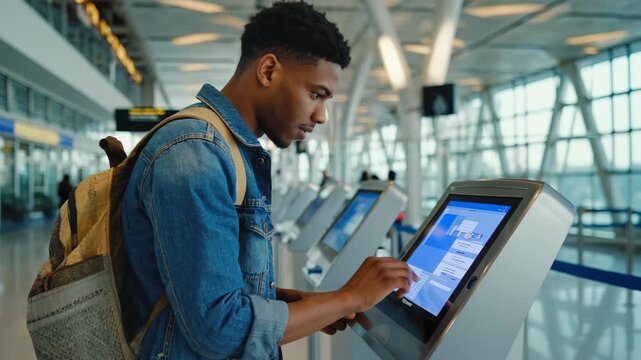 African American man male traveler efficiently uses a selfservice kiosk at the airport checkin to obtain flight boarding passes and travel information, enhancing their experience in a sleek terminal