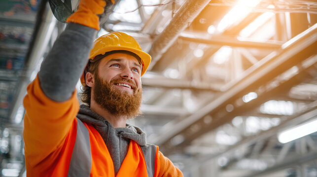 Portrait of cheerful Caucasian HVAC worker connecting ventilation pipe under warehouse ceiling structure, wearing work gloves and hard hat, sunbeams filtering through roof