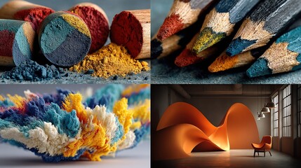 Close-up of colorful pigments, sharpened colored pencils, vibrant abstract digital art, and a 3D-rendered orange architectural form with a chair
