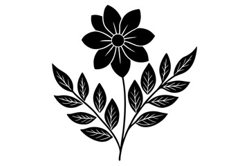 Vector art of silhouette of black and white flower with leaves 
