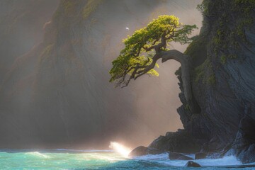 Solitary tree on coastal cliffside at dawn