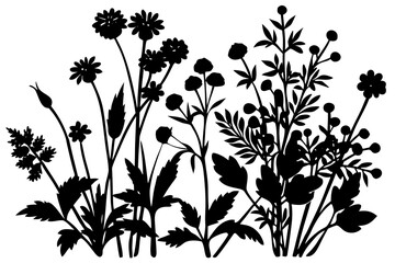 Vector art of silhouette of set of flowers  and beautiful floral background 