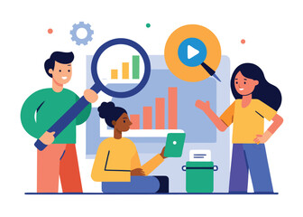 Diverse team collaborating on data analysis, positive growth chart, video marketing strategy, flat design style.