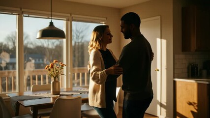 A happy couple dances intimately in their sunlit living room, sharing a moment of love and connection