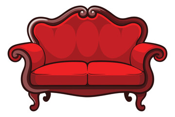 Cartoon Red Velvet Sofa with Ornate Dark Wood Frame Isolated on White Background