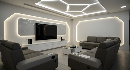 Futuristic living room interior, dynamic ambient LED strip lights