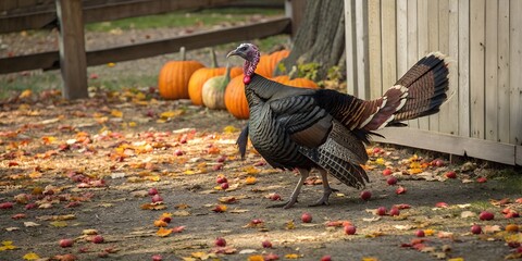 Thanksgiving-Themed Scene with Pumpkins and a Turkey in the Farmyard