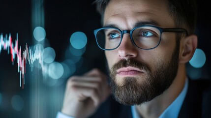 Focused Businessman Analyzing Financial Data with Graph in Background