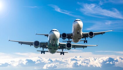 Naklejka premium Two modern jet airliners in a landing approach against a vibrant blue sky