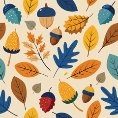 Autumn fall nature seamless pattern with leaves vector illustration
