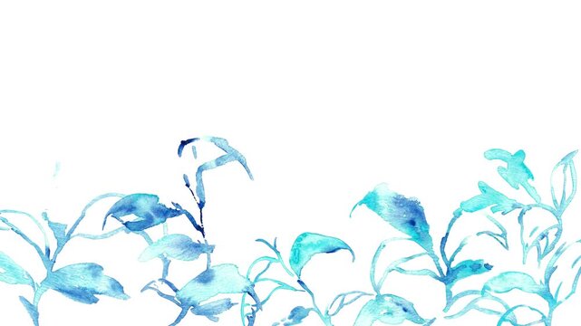 水彩画。水彩タッチの夏の水色草木背景。草木のベクターイラスト背景。Watercolor painting. Summer light blue grass and trees background with watercolor touch. Vector illustration background of grass and trees.