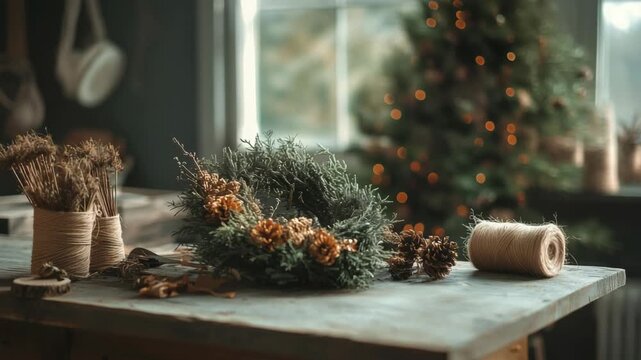 Crafting a unique holiday wreath in a cozy, decorated workshop with Christmas tree in the background
