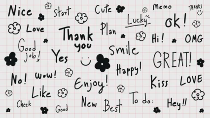 Fototapete Positive Typografie Doodles with words like 'Thank you', 'Love', 'Great', 'Enjoy', 'Smile'. Cute, playful doodles. Positive, happy vibes. Fun doodles, cheerful words, playful style. Doodle and hand drawn words, vectors.  © Rawpixel.com