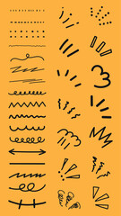Collection of hand-drawn lines and doodles on yellow. Doodles include arrows, squiggles, and lines. Various line styles and doodles create a playful design. Black hand drawn elements, vector set.