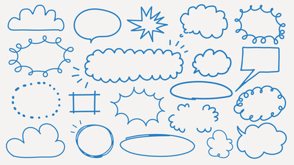 Collection of blue hand-drawn speech bubbles and thought clouds. Various shapes and sizes. Perfect for comics, notes, and creative designs. Colorful doodle elements, vector set.