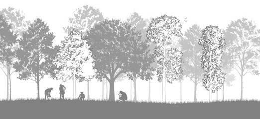 2D farm model composition with trees and farmers