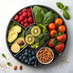 Colorful and healthy assortment of fresh fruits vegetables and nuts in a divided platter