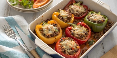Stuffed Bell Peppers with Ground Meat, Rice, and Melted Cheese