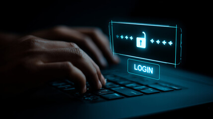 Professional hands typing on a sleek, dark laptop, with a minimalist, glowing blue holographic login interface floating just above the keyboard. A large, centered lock icon and a solid blue "LOG IN" 