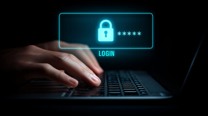 Professional hands typing on a sleek, dark laptop, with a minimalist, glowing blue holographic login interface floating just above the keyboard. A large, centered lock icon and a solid blue "LOG IN" 