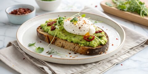 Healthy Avocado Toast with Poached Eggs and Microgreens on Rye Bread