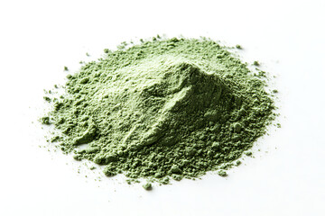A vibrant green powder heap sits against a clean, white backdrop, showcasing its texture and organic nature, ideal for culinary or wellness concepts.