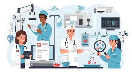 Medical professionals collaborating in a modern laboratory setting, examining data and conducting research.