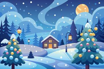 Naklejka premium Snowy winter scene with a cozy cabin, illuminated Christmas trees, and gentle snowfall creating a festive holiday atmosphere