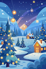 Winter wonderland scene featuring snowy cottages, festive Christmas trees with lights, and a starry night, ideal for seasonal designs.
