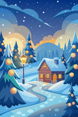 Fototapeta premium A charming winter scene depicts a cozy cabin nestled among snow-covered pine trees, illuminated by a warm lamplight under a falling snow sky.