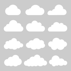 Collection of white clouds on a grey background. Various cloud shapes. Clouds in different forms. Simple cloud illustrations. Clouds against blue sky. Weather illustration, vector set.