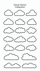 Set of cloud outlines on graph paper. Cloud shapes vary in size and style. Simple cloud designs, perfect for weather icons or educational materials. Weather illustration, vector set.