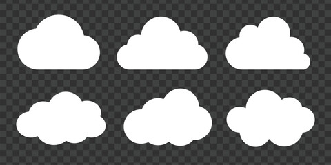 Collection of white cloud icons on a transparent background. Various cloud shapes, cloud patterns, and cloud designs. Perfect for weather apps and cloud illustrations. Weather illustration, vector set