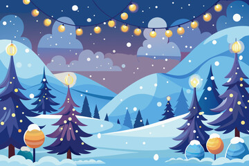 Festive winter landscape graphic featuring snowy hills, Christmas trees, and decorative lights, perfect for holiday designs and seasonal themes.
