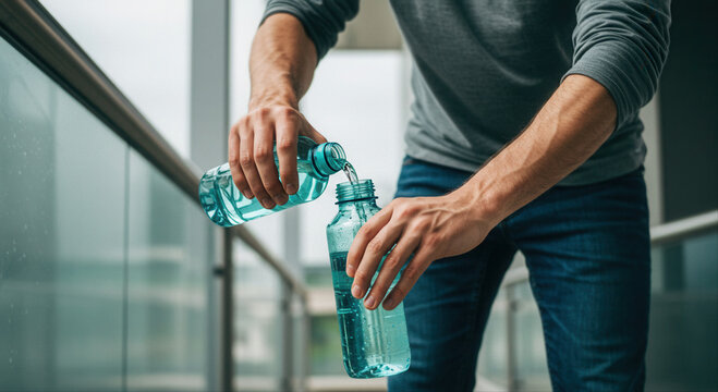 man refilling water bottle. Man pouring water from one bottle to another indoors  