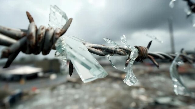 Barbed wire with glass shards against a cloudy sky in an abandoned industrial area during twilight