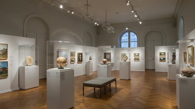 Art gallery showcasing diverse artworks and sculptures
