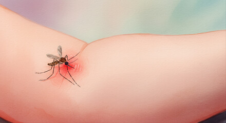 Obraz premium mosquito bite on baby’s arm. Mosquito feeding on human skin with visible red bite reaction 