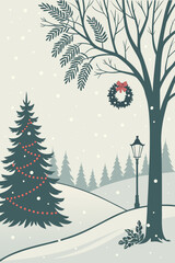 Fototapeta premium Winter Christmas scene shows decorated tree, wreath, lamppost, and snow falling in a peaceful winter landscape.