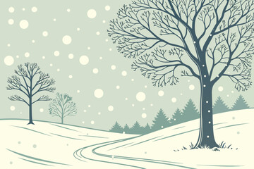 A serene winter landscape graphic featuring snow falling on bare trees and a winding path, evoking a peaceful, seasonal atmosphere.