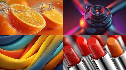 A vibrant quadriptych featuring juicy orange slices splashing in water, a close-up of a drone camera lens, abstract swirling colorful ribbons, and a collection of richly colored lipsticks