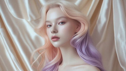 Portrait of a beautiful woman with pastel hair and soft makeup against a satin fabric background