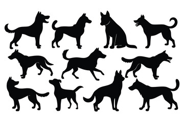 Real Dog Silhouette Set – 10 Breeds in Natural Poses Like Running, Barking, Sitting, Playing.