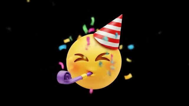 A cheerful yellow emoji wearing a party hat and blowing a noisemaker is surrounded by colorful confetti against a black background