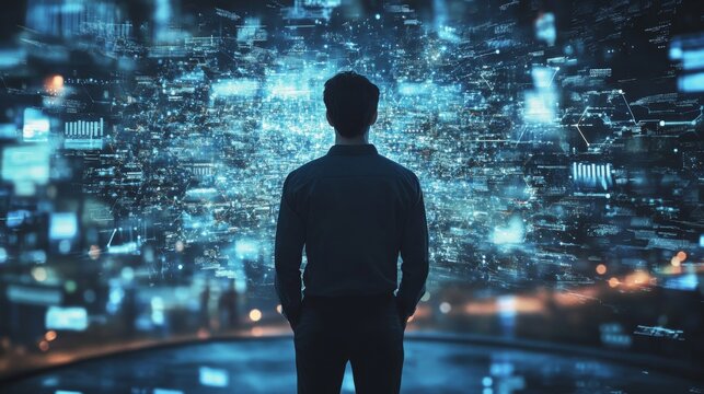 A man stands in front of a large digital display filled with data and code. The display is abstract and represents the vastness of information in the modern world.