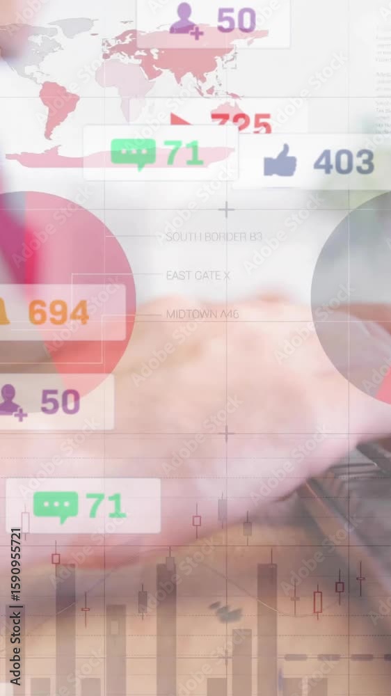 Poster animation of social media data processing over caucasian businessman using computer